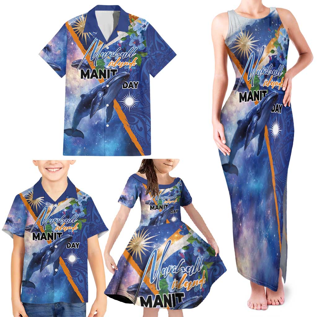 Marshall Islands Manit Day Family Matching Tank Maxi Dress and Hawaiian Shirt Grunge National Flag with Whales and Tribal Tattoos LT03 - Polynesian Pride