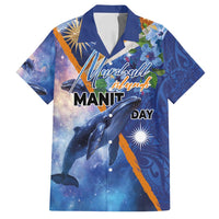 Marshall Islands Manit Day Family Matching Tank Maxi Dress and Hawaiian Shirt Grunge National Flag with Whales and Tribal Tattoos LT03 Dad's Shirt - Short Sleeve Blue - Polynesian Pride