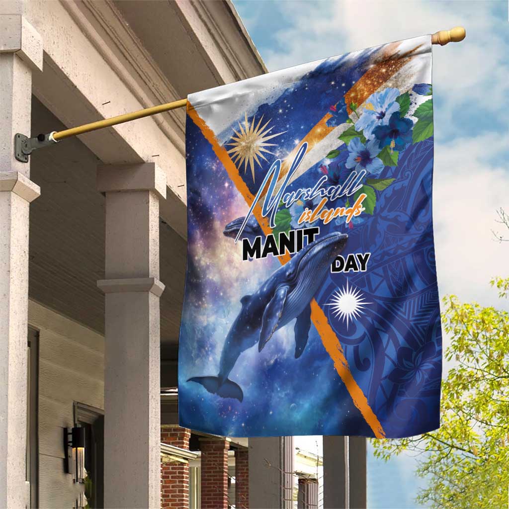 Marshall Islands Manit Day Garden Flag Grunge National Flag with Whales and Tribal Tattoos LT03 House Flag Blue - Polynesian Pride