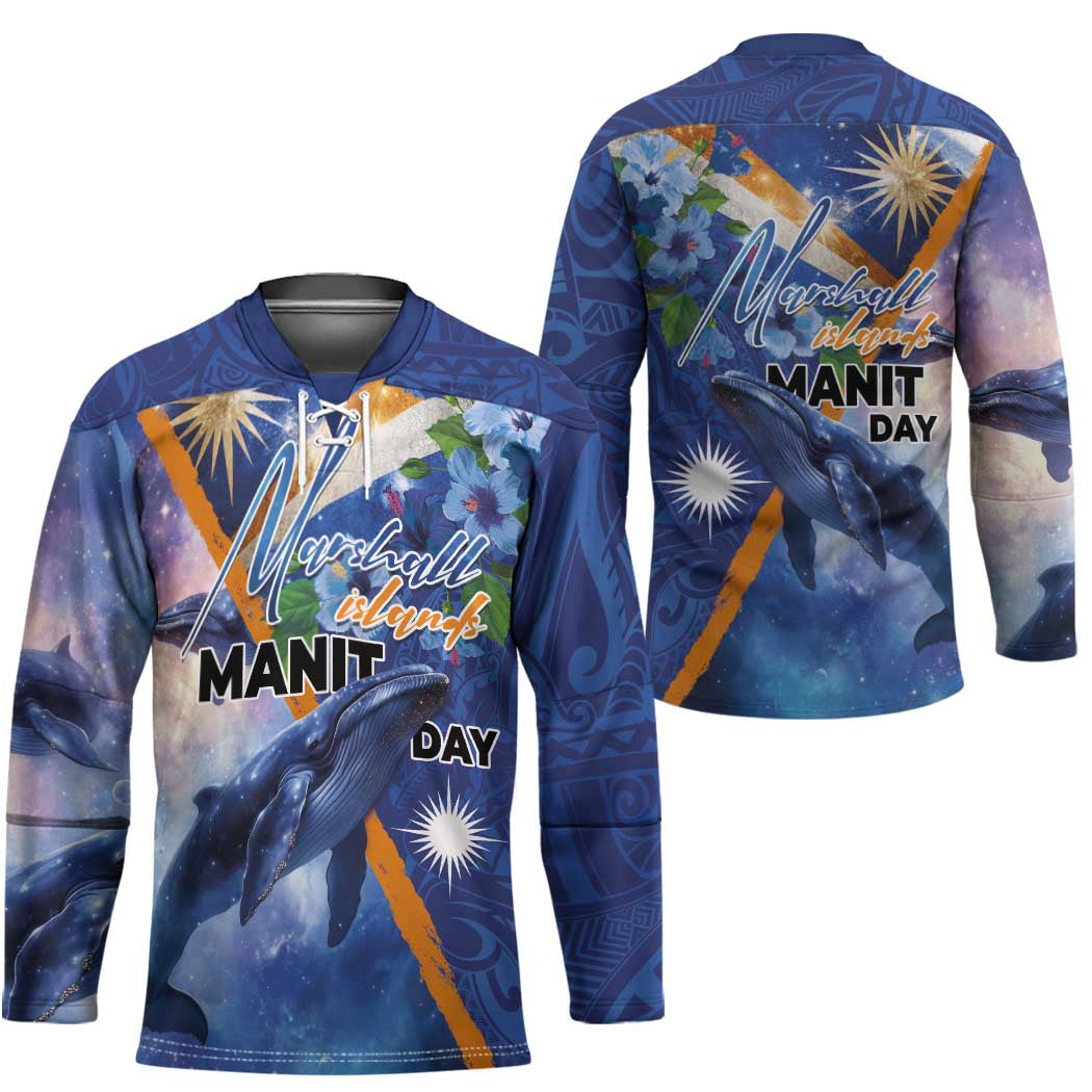 Marshall Islands Manit Day Hockey Jersey Grunge National Flag with Whales and Tribal Tattoos LT03 - Polynesian Pride