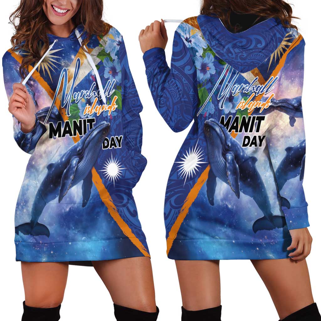 Marshall Islands Manit Day Hoodie Dress Grunge National Flag with Whales and Tribal Tattoos LT03 - Polynesian Pride