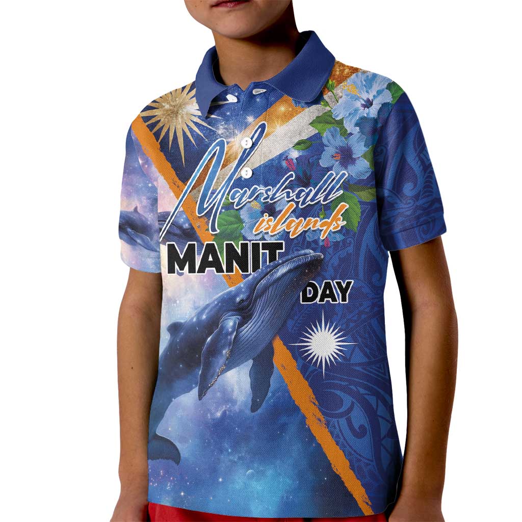 Marshall Islands Manit Day Kid Polo Shirt Grunge National Flag with Whales and Tribal Tattoos LT03 Kid Blue - Polynesian Pride