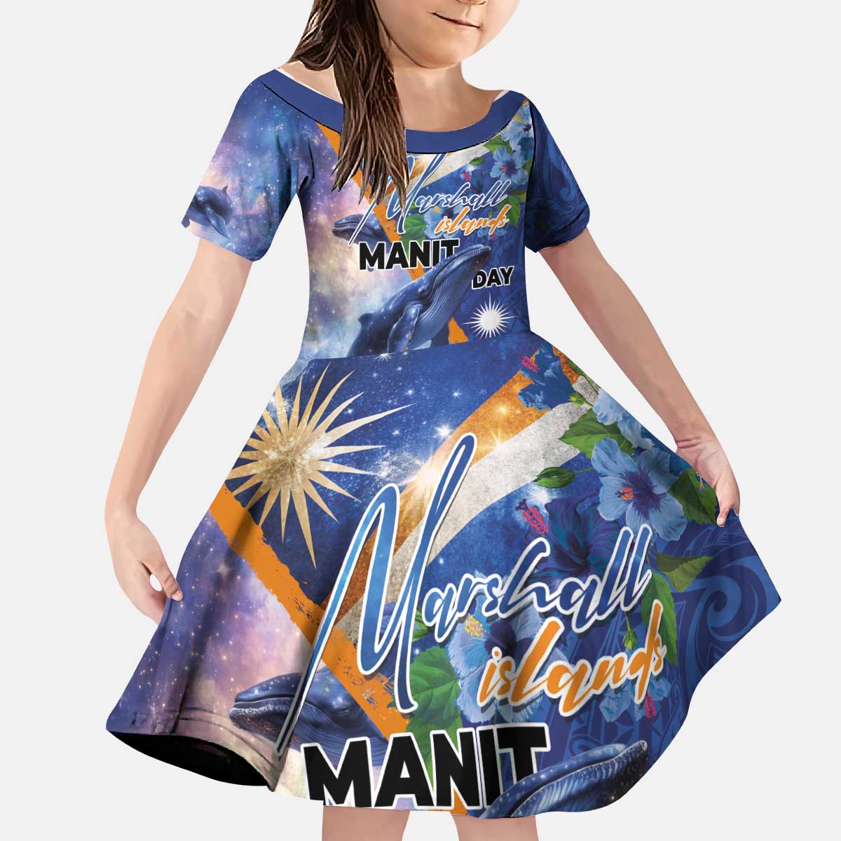 Marshall Islands Manit Day Kid Short Sleeve Dress Grunge National Flag with Whales and Tribal Tattoos - Polynesian Pride