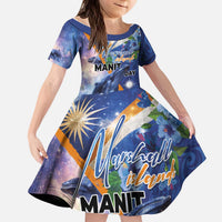 Marshall Islands Manit Day Kid Short Sleeve Dress Grunge National Flag with Whales and Tribal Tattoos LT03 KID Blue - Polynesian Pride