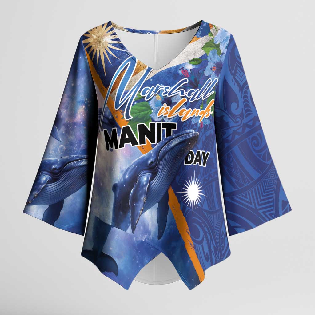 Marshall Islands Manit Day Kimono Sleeve Blouse Grunge National Flag with Whales and Tribal Tattoos LT03 Female Blue - Polynesian Pride