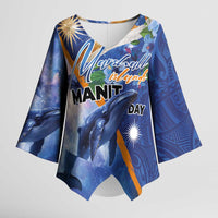 Marshall Islands Manit Day Kimono Sleeve Blouse Grunge National Flag with Whales and Tribal Tattoos LT03 Female Blue - Polynesian Pride