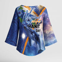 Marshall Islands Manit Day Kimono Sleeve Blouse Grunge National Flag with Whales and Tribal Tattoos LT03 - Polynesian Pride