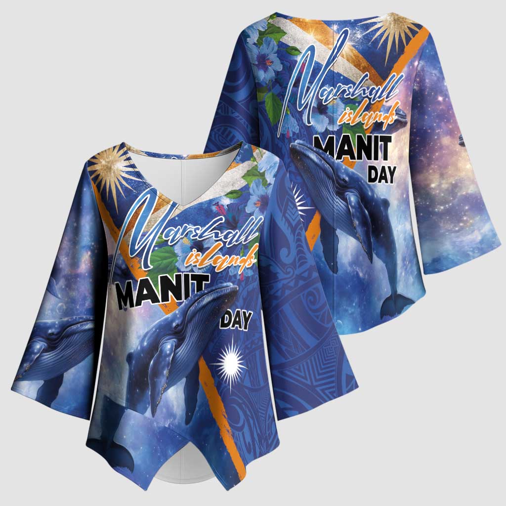 Marshall Islands Manit Day Kimono Sleeve Blouse Grunge National Flag with Whales and Tribal Tattoos LT03 - Polynesian Pride