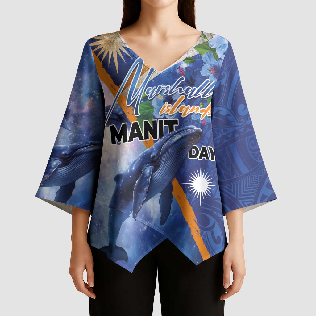 Marshall Islands Manit Day Kimono Sleeve Blouse Grunge National Flag with Whales and Tribal Tattoos LT03 - Polynesian Pride