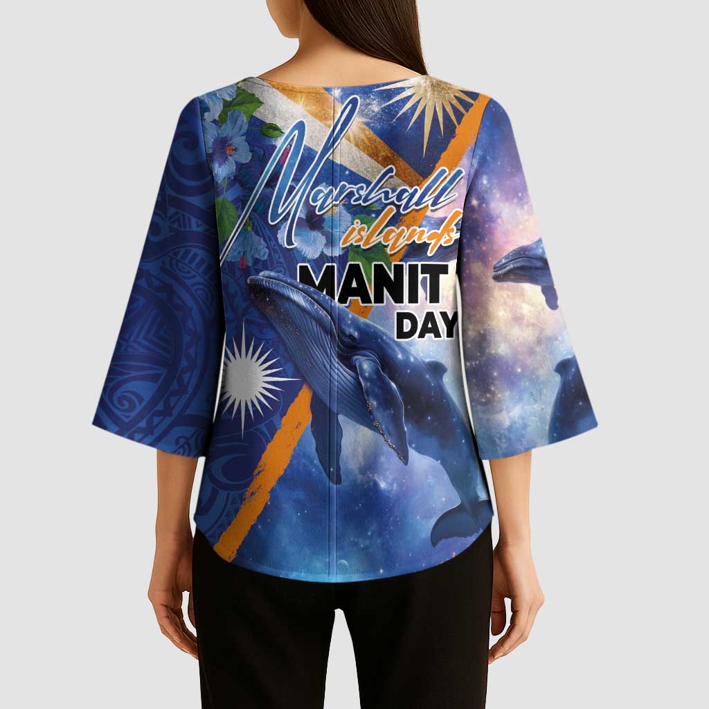 Marshall Islands Manit Day Kimono Sleeve Blouse Grunge National Flag with Whales and Tribal Tattoos LT03 - Polynesian Pride