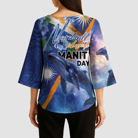 Marshall Islands Manit Day Kimono Sleeve Blouse Grunge National Flag with Whales and Tribal Tattoos LT03 - Polynesian Pride