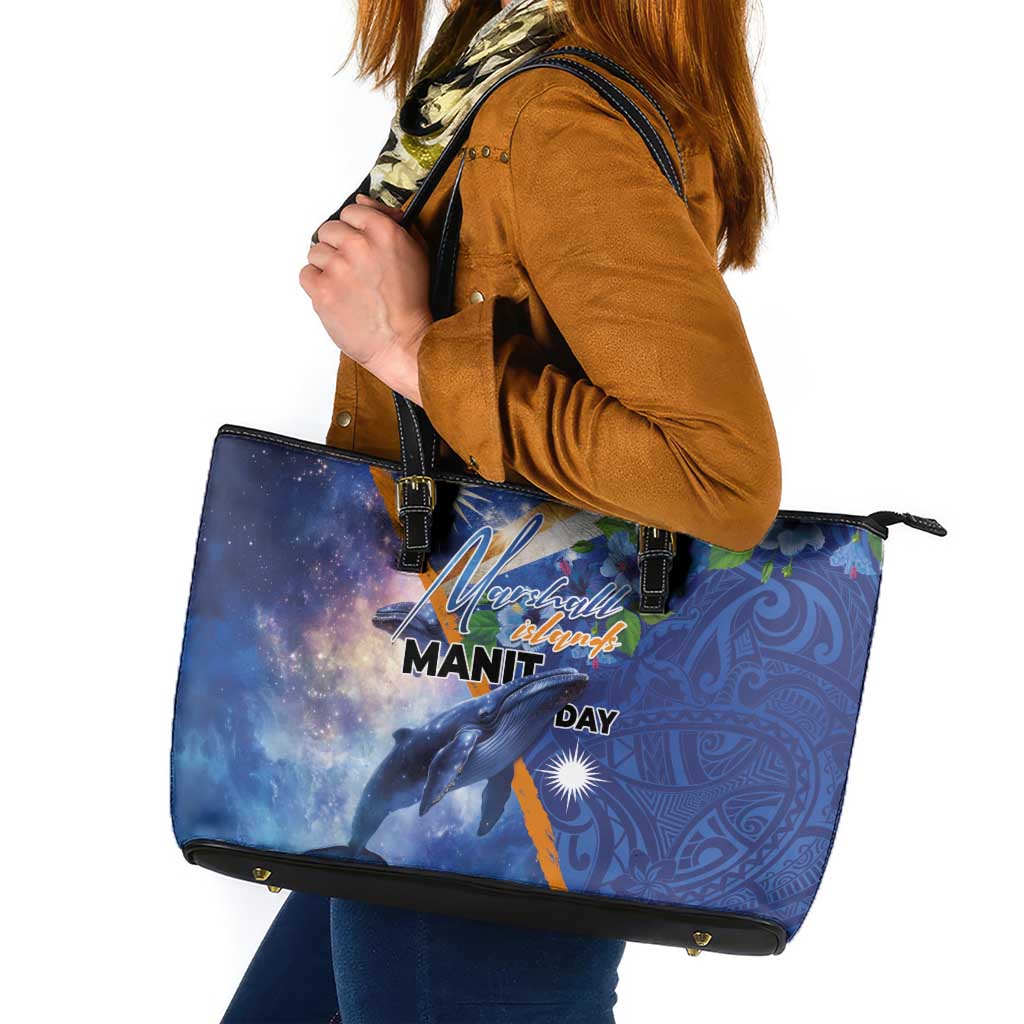 Marshall Islands Manit Day Leather Tote Bag Grunge National Flag with Whales and Tribal Tattoos LT03 Blue - Polynesian Pride