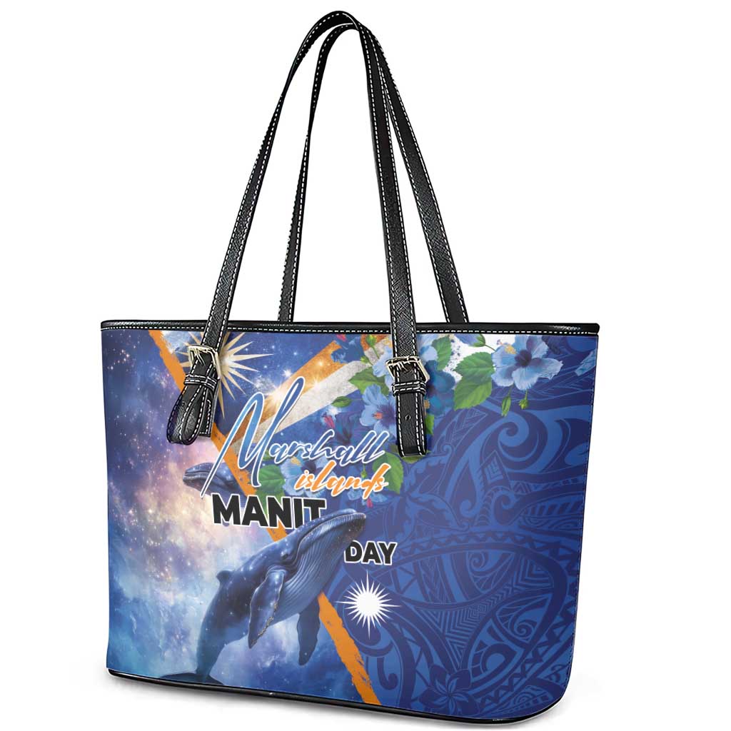 Marshall Islands Manit Day Leather Tote Bag Grunge National Flag with Whales and Tribal Tattoos LT03 - Polynesian Pride
