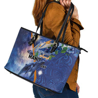 Marshall Islands Manit Day Leather Tote Bag Grunge National Flag with Whales and Tribal Tattoos LT03 - Polynesian Pride