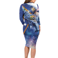 Marshall Islands Manit Day Long Sleeve Bodycon Dress Grunge National Flag with Whales and Tribal Tattoos LT03 - Polynesian Pride