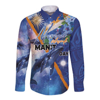 Marshall Islands Manit Day Long Sleeve Button Shirt Grunge National Flag with Whales and Tribal Tattoos LT03 Unisex Blue - Polynesian Pride