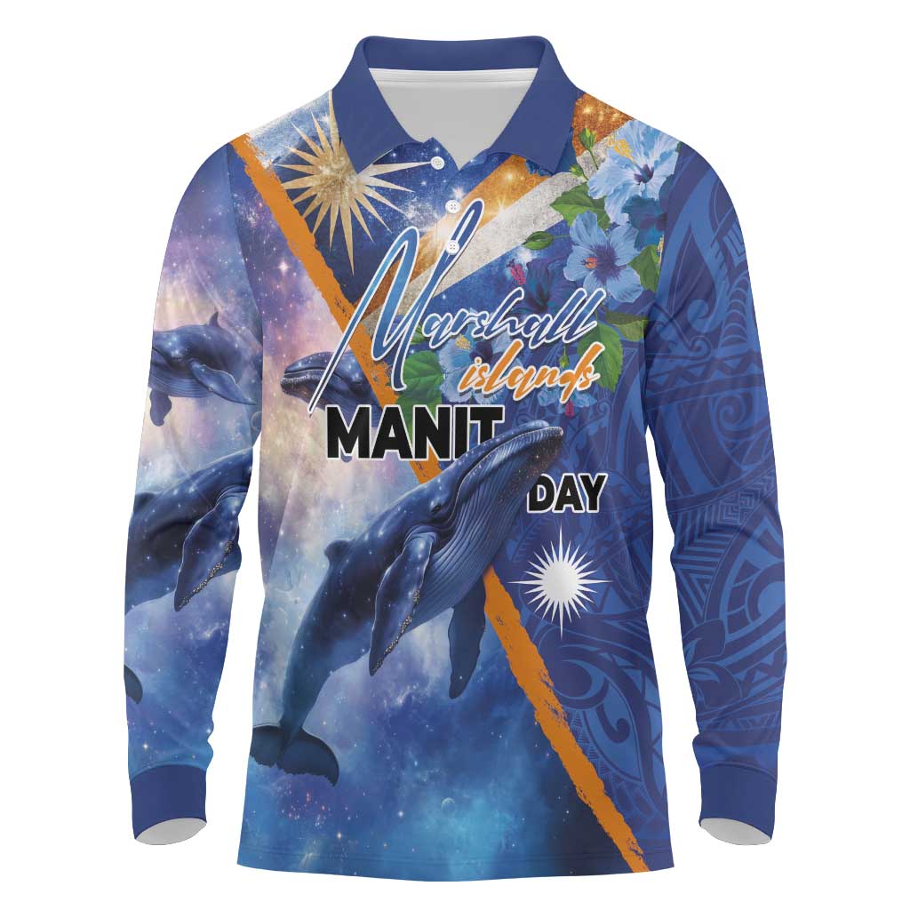 Marshall Islands Manit Day Long Sleeve Polo Shirt Grunge National Flag with Whales and Tribal Tattoos LT03 Blue - Polynesian Pride