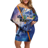 Marshall Islands Manit Day Off Shoulder Short Dress Grunge National Flag with Whales and Tribal Tattoos LT03 Women Blue - Polynesian Pride