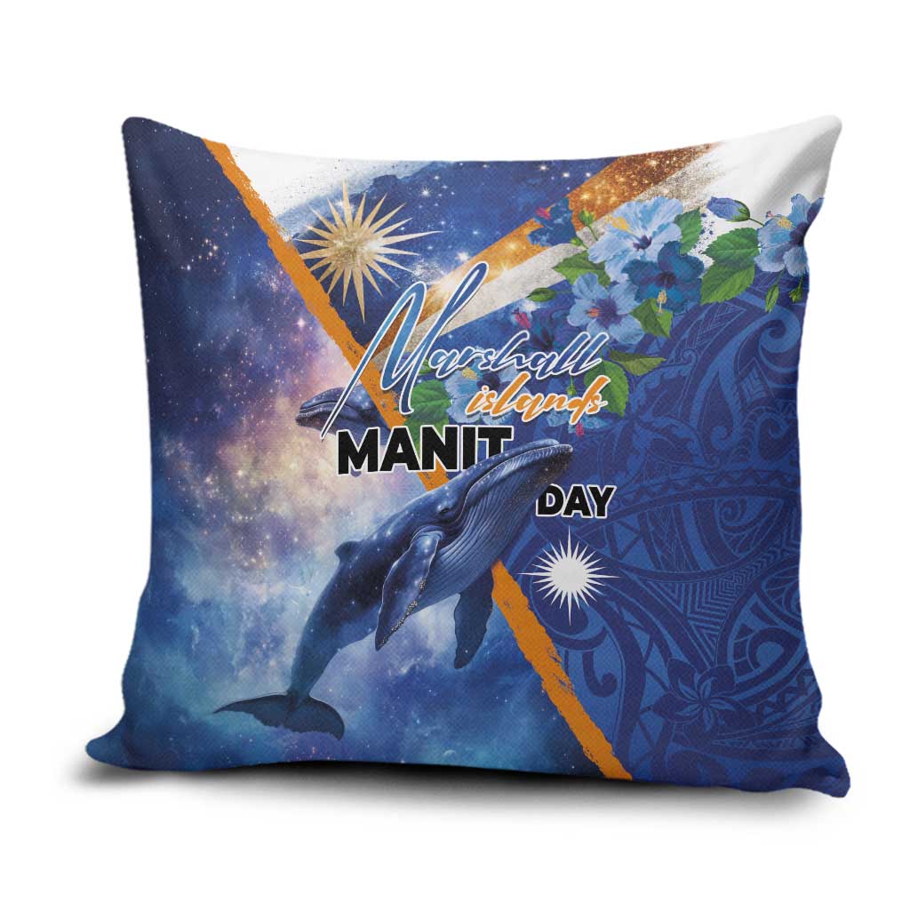 Marshall Islands Manit Day Pillow Cover Grunge National Flag with Whales and Tribal Tattoos LT03 Blue - Polynesian Pride