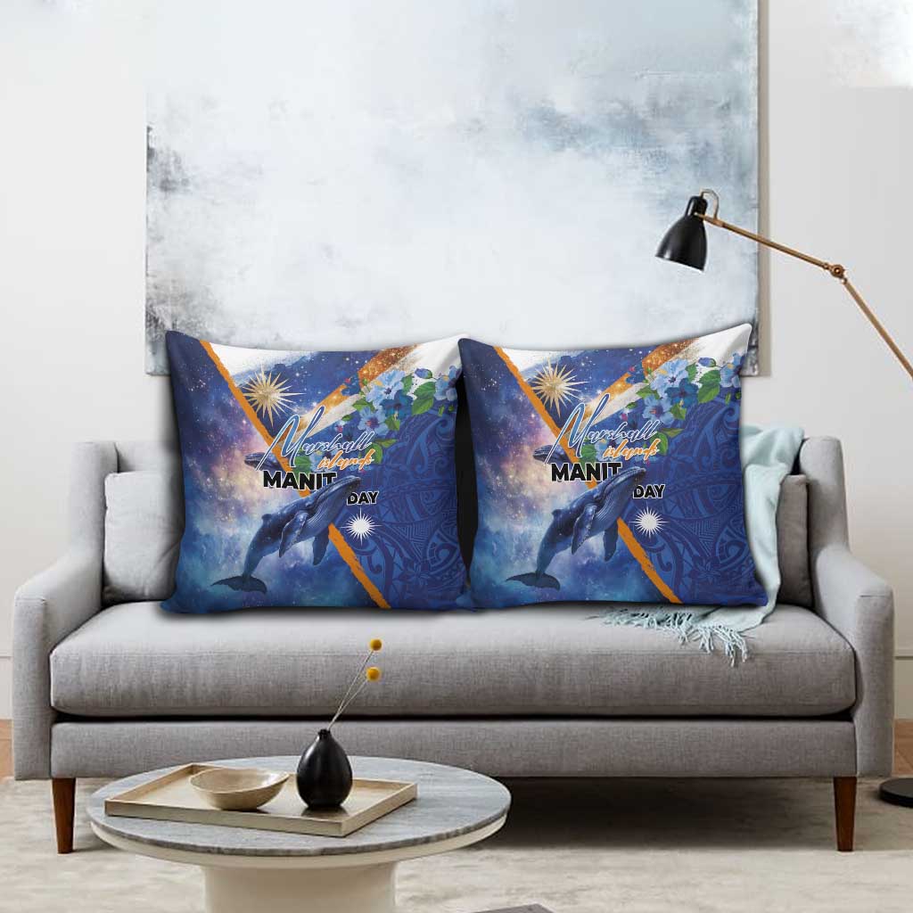 Marshall Islands Manit Day Pillow Cover Grunge National Flag with Whales and Tribal Tattoos LT03 - Polynesian Pride