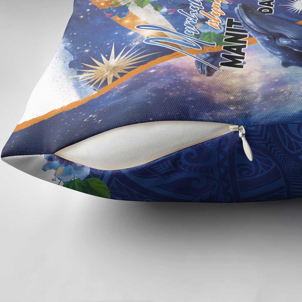Marshall Islands Manit Day Pillow Cover Grunge National Flag with Whales and Tribal Tattoos LT03 - Polynesian Pride