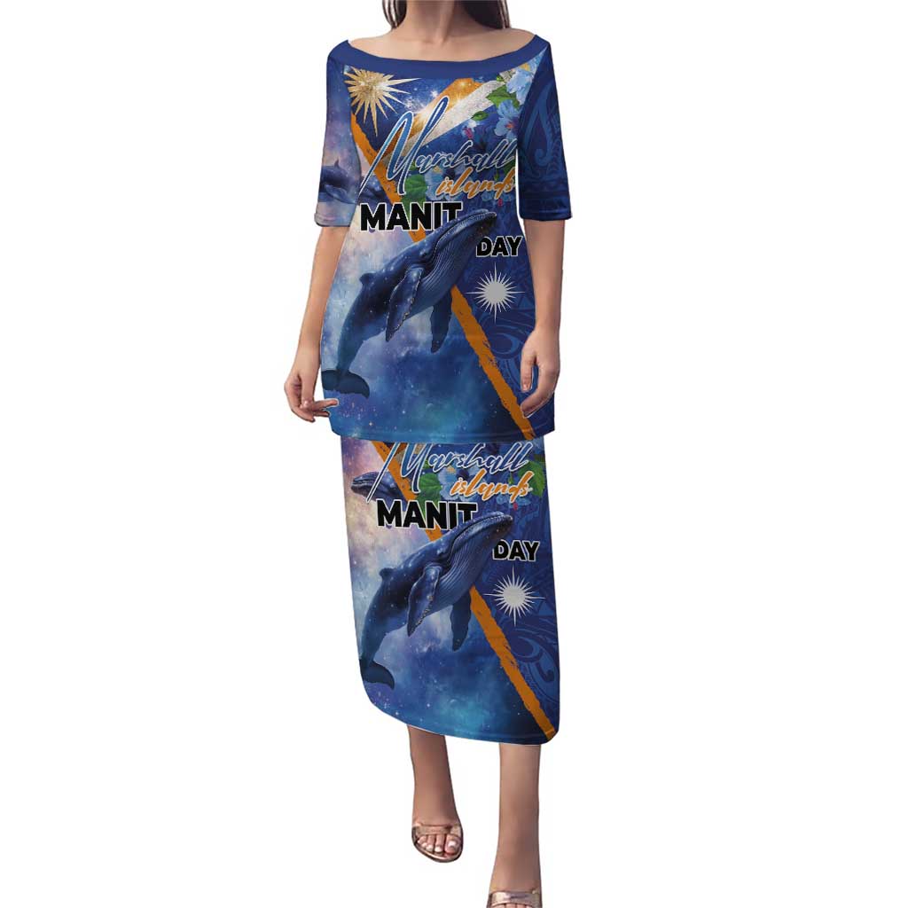 Marshall Islands Manit Day Puletasi Grunge National Flag with Whales and Tribal Tattoos LT03 Long Dress Blue - Polynesian Pride