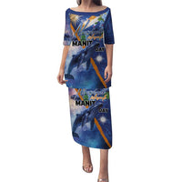 Marshall Islands Manit Day Puletasi Grunge National Flag with Whales and Tribal Tattoos LT03 Long Dress Blue - Polynesian Pride