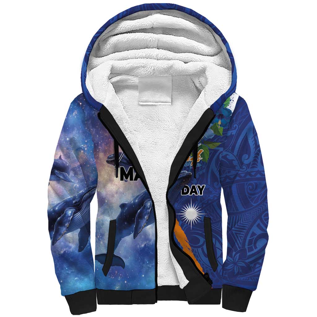 Marshall Islands Manit Day Sherpa Hoodie Grunge National Flag with Whales and Tribal Tattoos LT03 Unisex Blue - Polynesian Pride