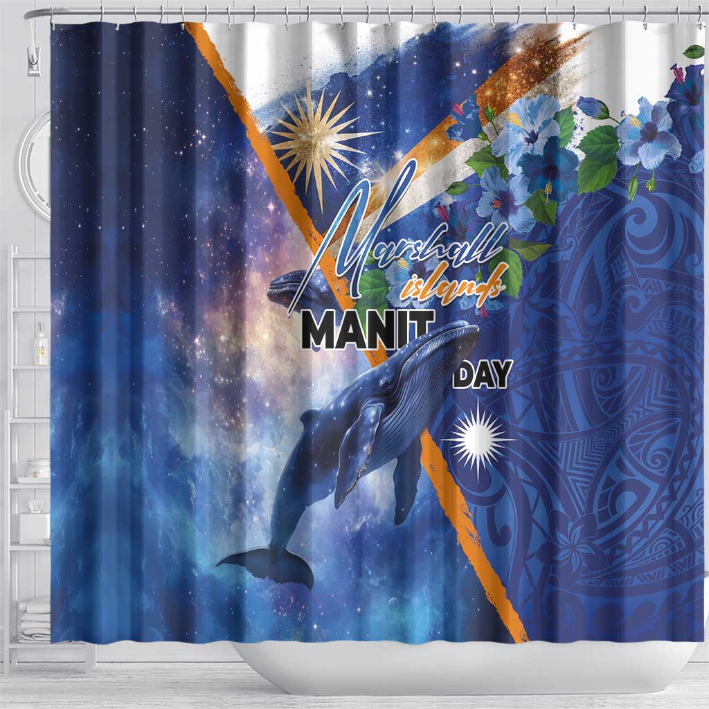 Marshall Islands Manit Day Shower Curtain Grunge National Flag with Whales and Tribal Tattoos LT03 - Polynesian Pride
