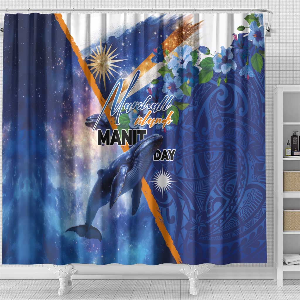 Marshall Islands Manit Day Shower Curtain Grunge National Flag with Whales and Tribal Tattoos LT03 - Polynesian Pride