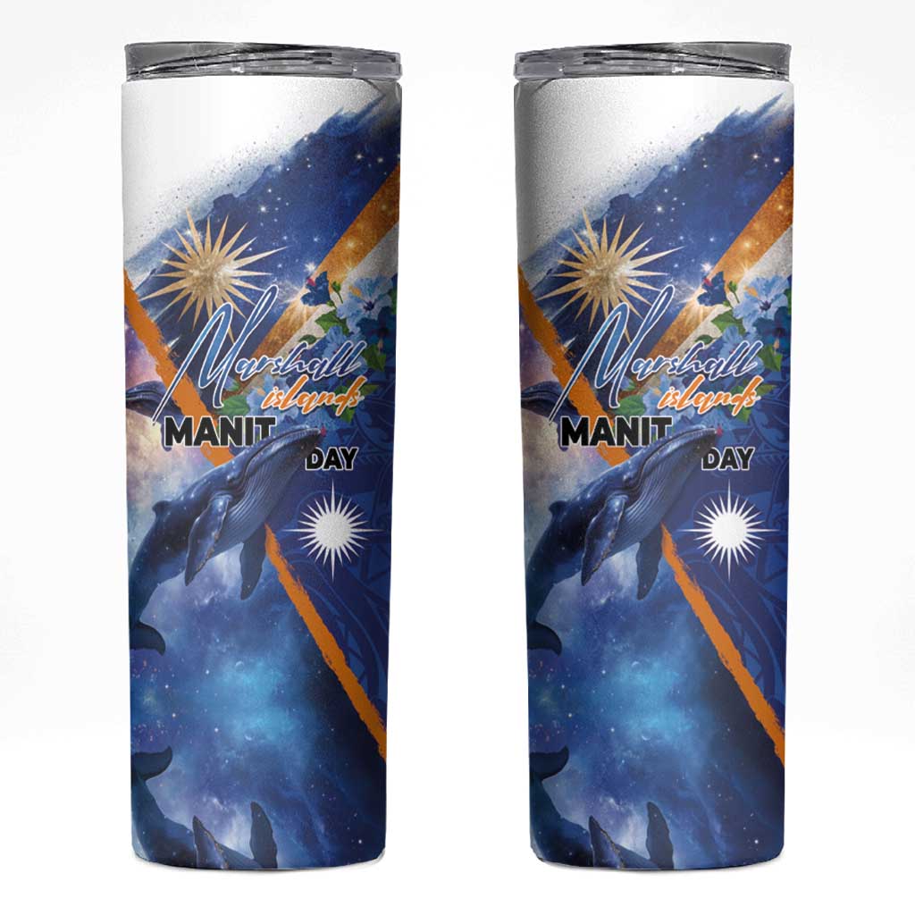 Marshall Islands Manit Day Skinny Tumbler Grunge National Flag with Whales and Tribal Tattoos - Polynesian Pride