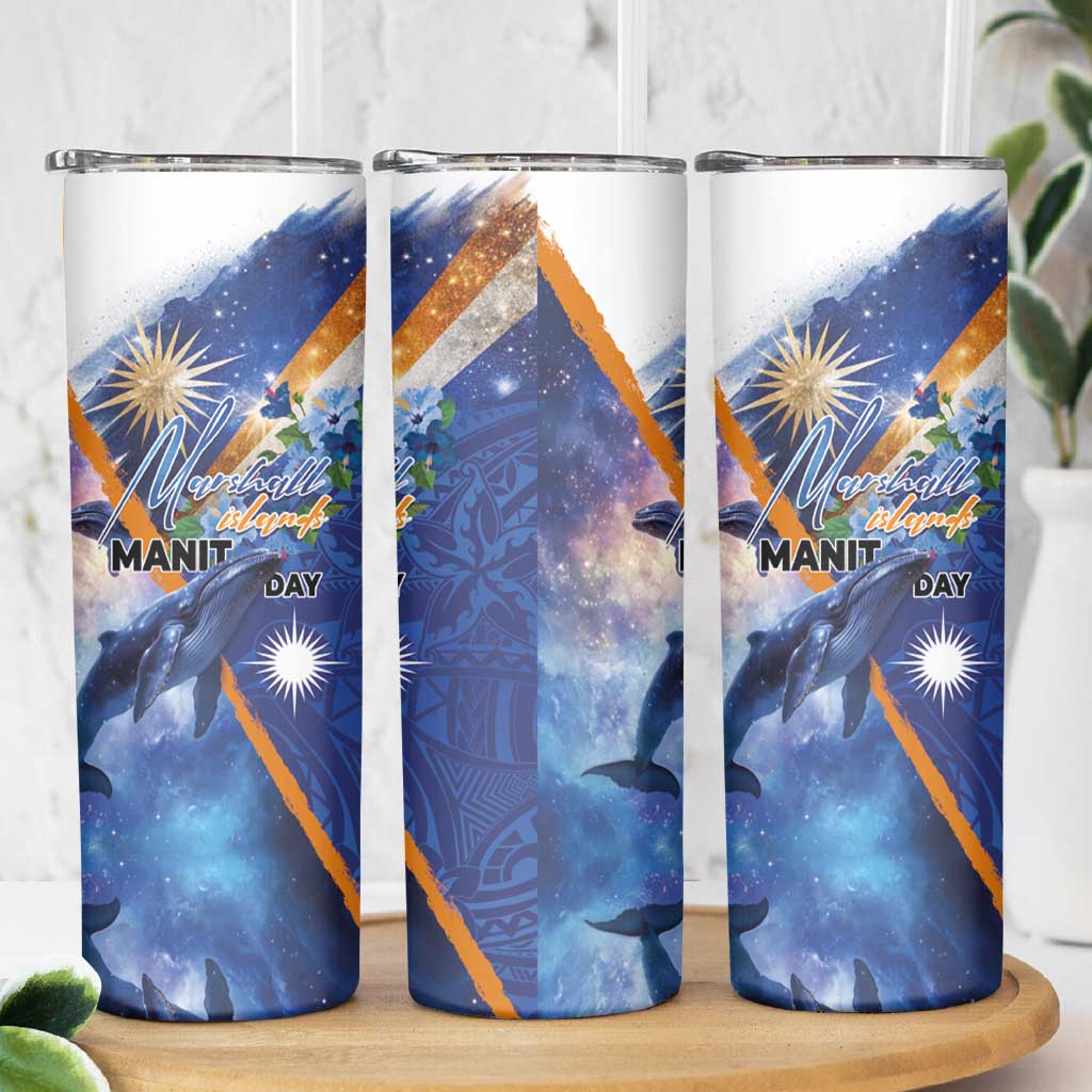 Marshall Islands Manit Day Skinny Tumbler Grunge National Flag with Whales and Tribal Tattoos LT03 - Polynesian Pride