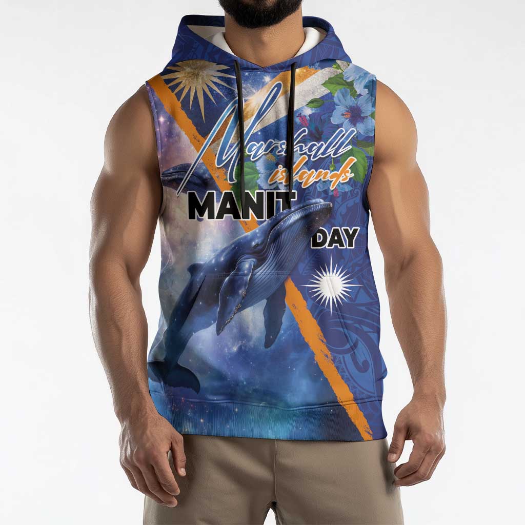 Marshall Islands Manit Day Sleeveless Hoodie Grunge National Flag with Whales and Tribal Tattoos LT03 - Polynesian Pride