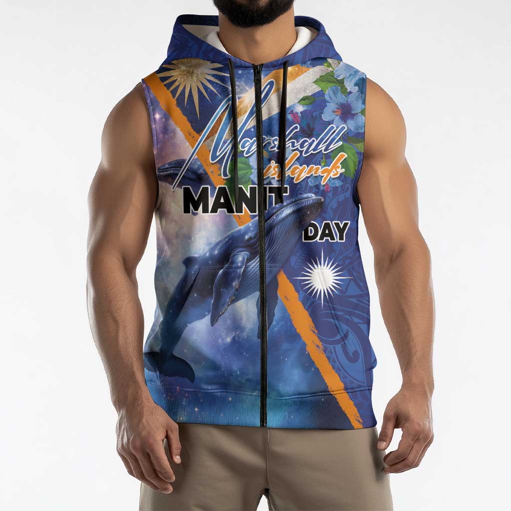 Marshall Islands Manit Day Sleeveless Zip Hoodie Grunge National Flag with Whales and Tribal Tattoos LT03 - Polynesian Pride