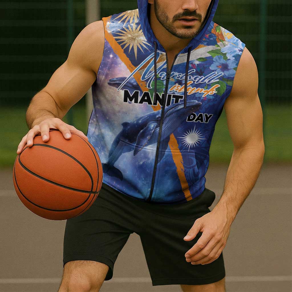 Marshall Islands Manit Day Sleeveless Zip Hoodie Grunge National Flag with Whales and Tribal Tattoos LT03 - Polynesian Pride