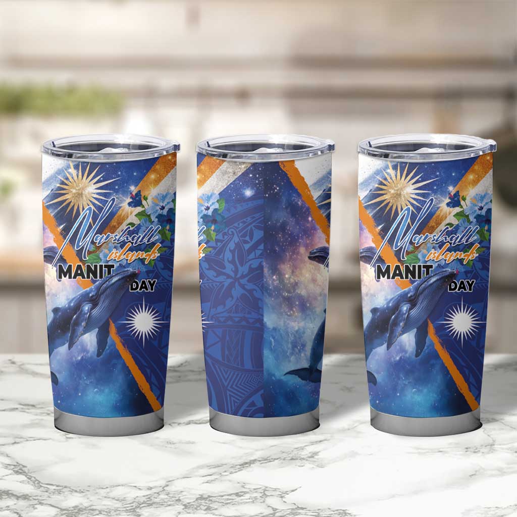 Marshall Islands Manit Day Tumbler Cup Grunge National Flag with Whales and Tribal Tattoos LT03 - Polynesian Pride
