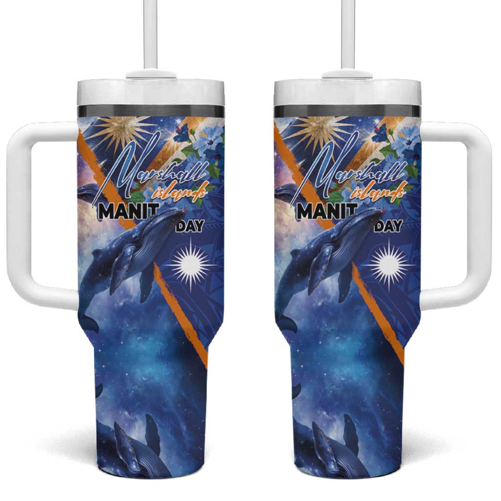 Marshall Islands Manit Day Tumbler With Handle Grunge National Flag with Whales and Tribal Tattoos LT03 One Size: 40 oz Blue - Polynesian Pride