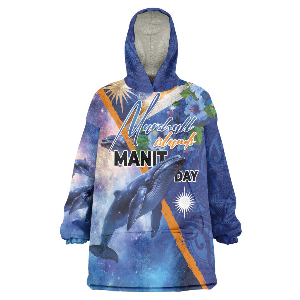 Marshall Islands Manit Day Wearable Blanket Hoodie Grunge National Flag with Whales and Tribal Tattoos LT03 One Size Blue - Polynesian Pride