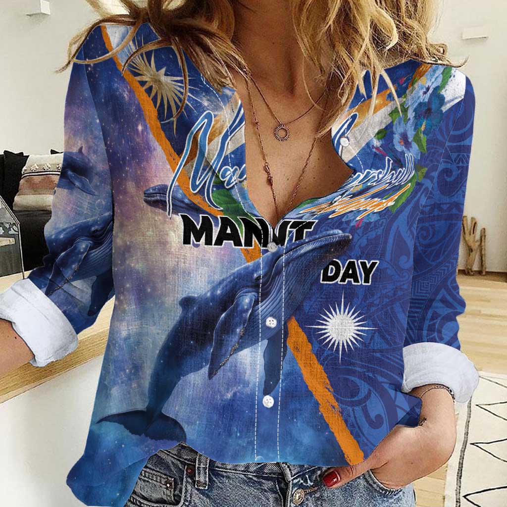 Marshall Islands Manit Day Women Casual Shirt Grunge National Flag with Whales and Tribal Tattoos LT03 Female Blue - Polynesian Pride