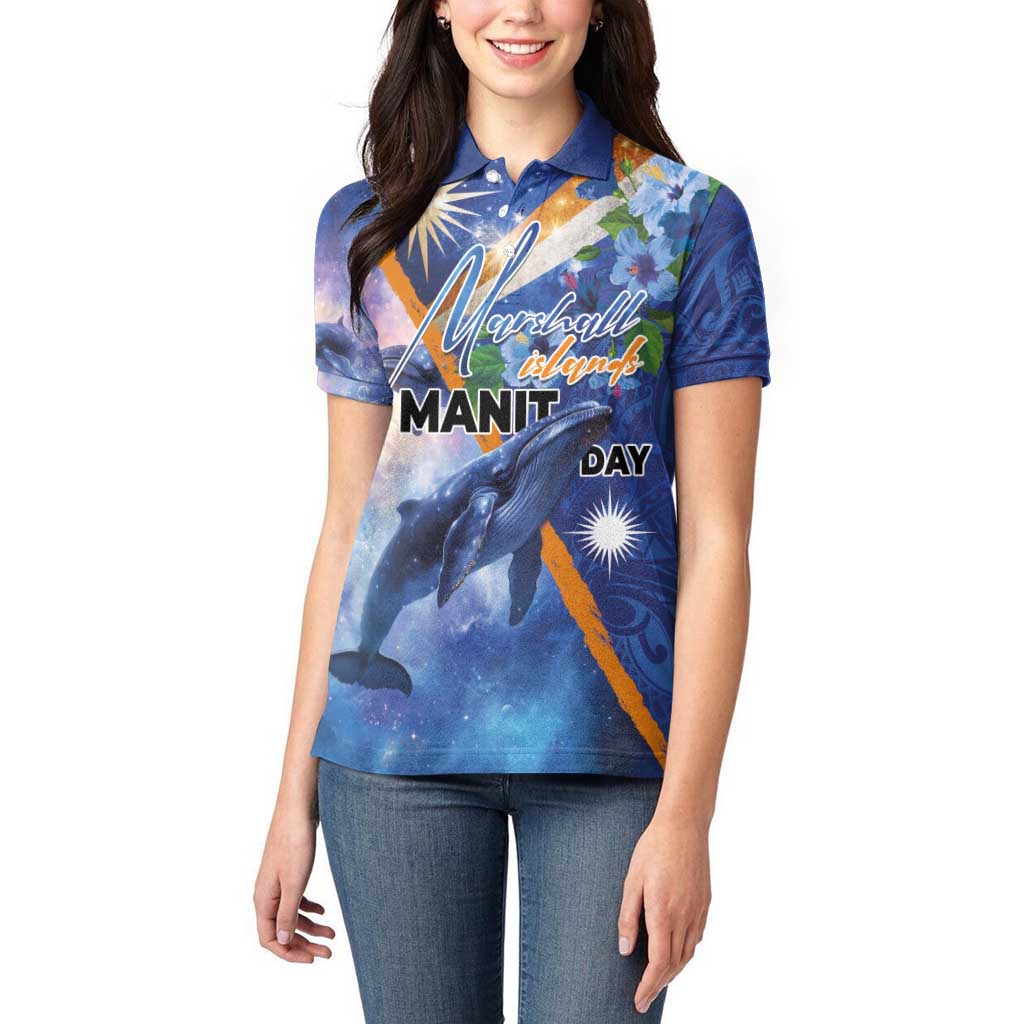 Marshall Islands Manit Day Women Polo Shirt Grunge National Flag with Whales and Tribal Tattoos - Polynesian Pride