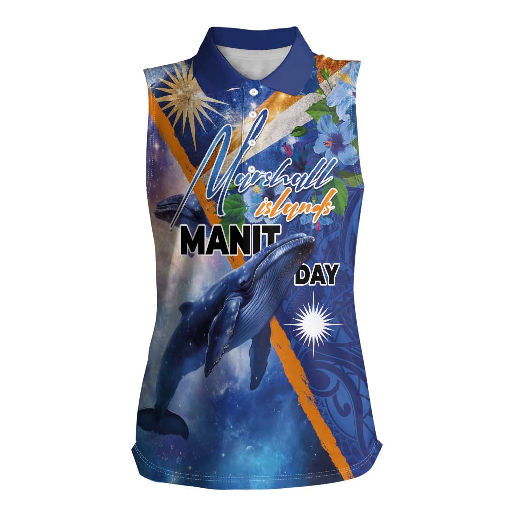 Marshall Islands Manit Day Women Sleeveless Polo Shirt Grunge National Flag with Whales and Tribal Tattoos LT03 Female Blue - Polynesian Pride