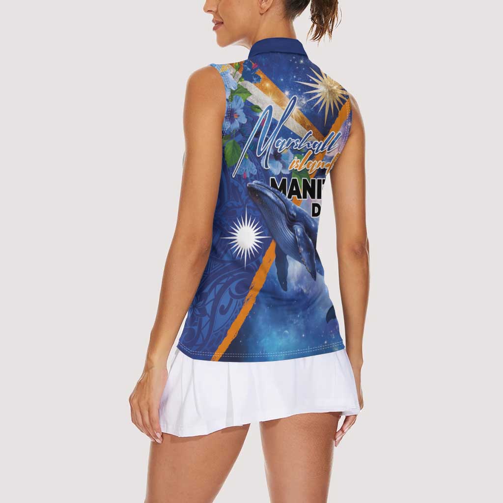 Marshall Islands Manit Day Women Sleeveless Polo Shirt Grunge National Flag with Whales and Tribal Tattoos LT03 - Polynesian Pride