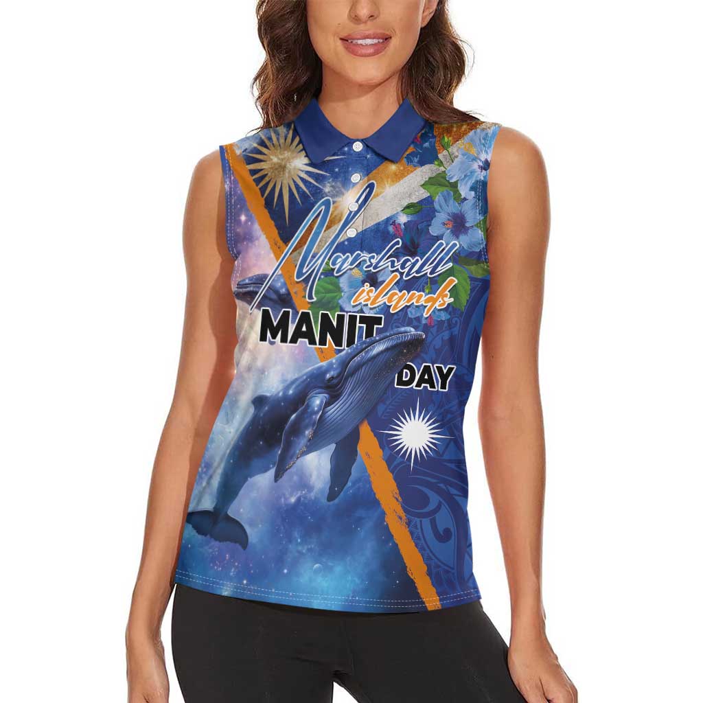 Marshall Islands Manit Day Women Sleeveless Polo Shirt Grunge National Flag with Whales and Tribal Tattoos LT03 - Polynesian Pride