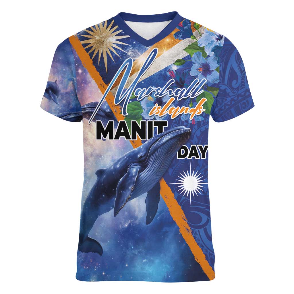 Marshall Islands Manit Day Women V-Neck T-Shirt Grunge National Flag with Whales and Tribal Tattoos LT03 Female Blue - Polynesian Pride