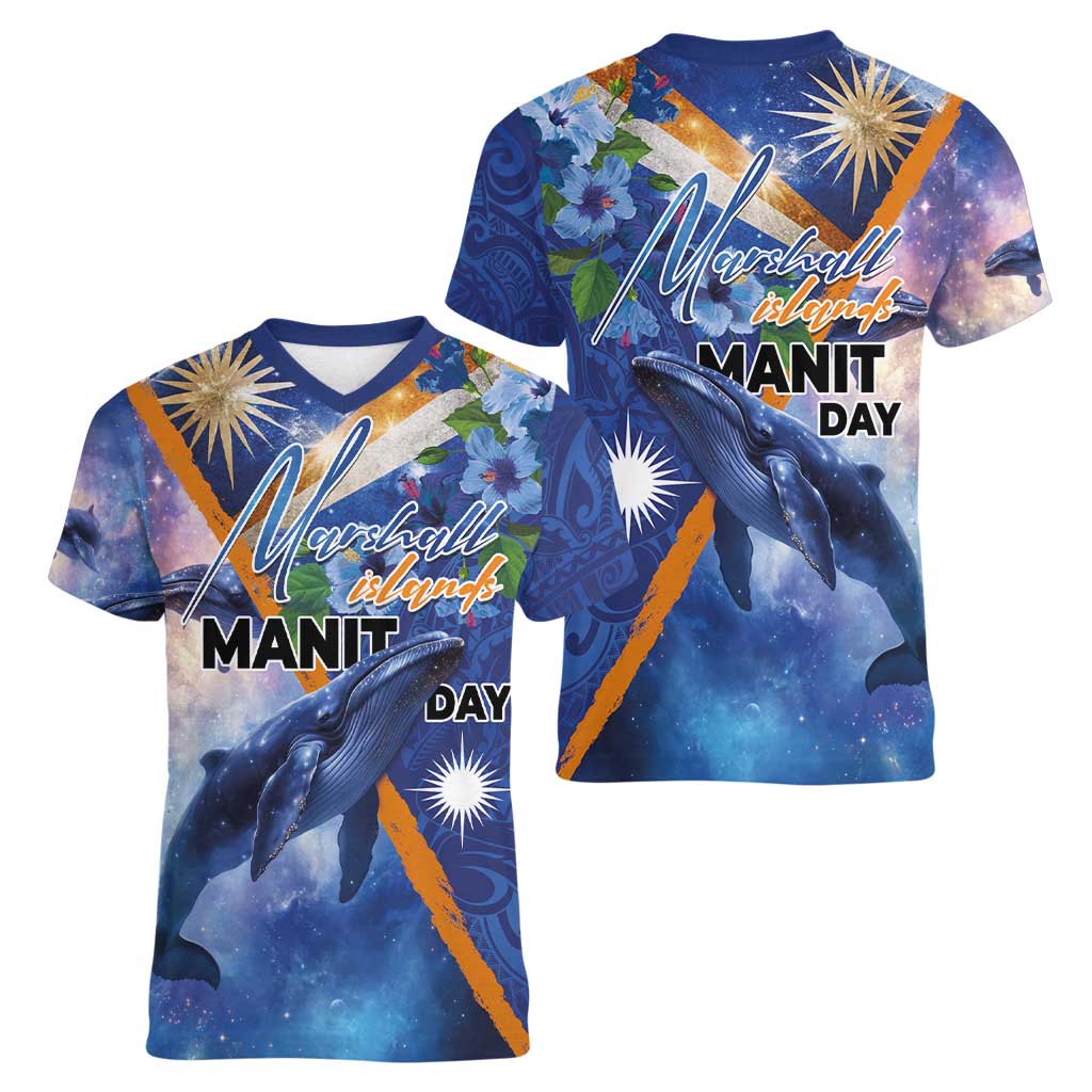 Marshall Islands Manit Day Women V-Neck T-Shirt Grunge National Flag with Whales and Tribal Tattoos LT03 - Polynesian Pride