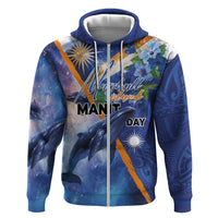 Marshall Islands Manit Day Zip Hoodie Grunge National Flag with Whales and Tribal Tattoos LT03 Zip Hoodie Blue - Polynesian Pride