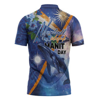Marshall Islands Manit Day Zipper Polo Shirt Grunge National Flag with Whales and Tribal Tattoos LT03 - Polynesian Pride