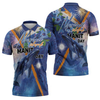 Marshall Islands Manit Day Zipper Polo Shirt Grunge National Flag with Whales and Tribal Tattoos LT03 - Polynesian Pride