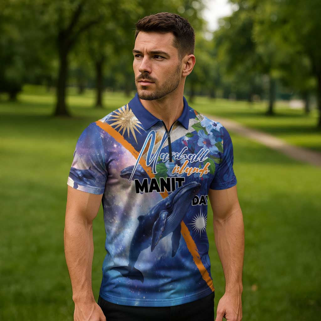Marshall Islands Manit Day Zipper Polo Shirt Grunge National Flag with Whales and Tribal Tattoos LT03 - Polynesian Pride