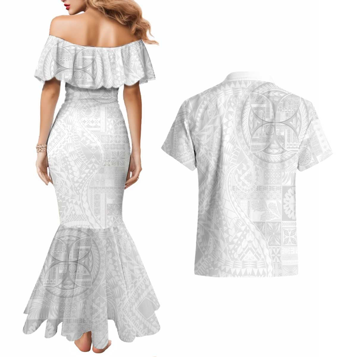 Samoan Culture-Lotu Tamaiti Couples Matching Mermaid Dress and Hawaiian Shirt Siapo and Polynesian Art Tattoos LT03 - Polynesian Pride